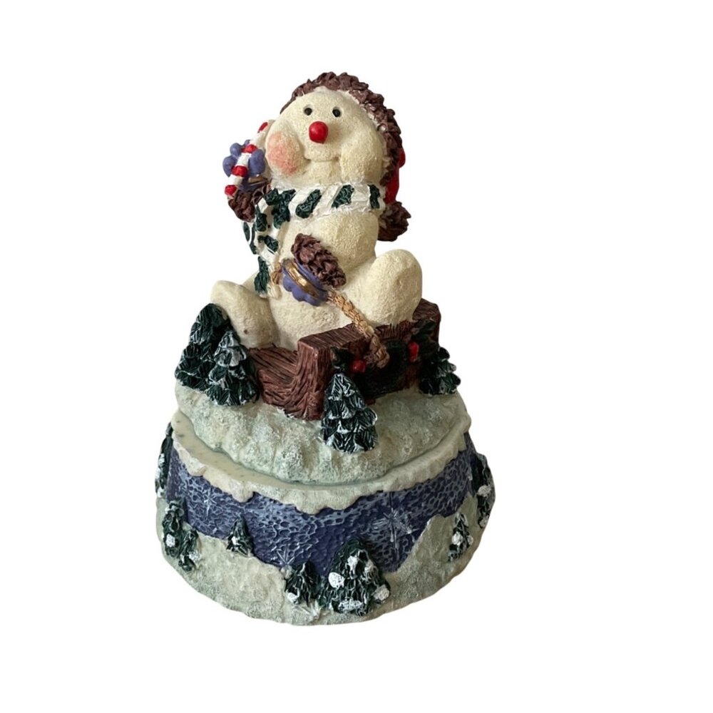 Vtg Sledding Snowman Music Box Figurine Wind Up Plays Frosty the Snowman VIDEO